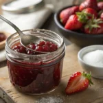 Homemade strawberry jam in a glass jar with a spoon, surrounded by fresh strawberries and sugar on a rustic kitchen counter. A perfect strawberry jam recipe result.