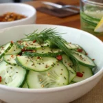 Final presentation of a viral cucumber salad in a white bowl, garnished with fresh herbs, sesame seeds, and chili flakes, highlighting its refreshing and healthy appeal