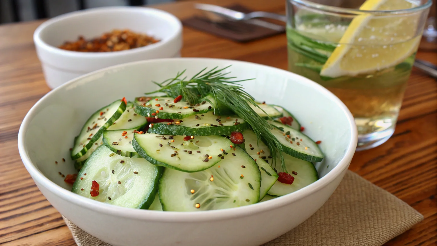 Final presentation of a viral cucumber salad in a white bowl, garnished with fresh herbs, sesame seeds, and chili flakes, highlighting its refreshing and healthy appeal