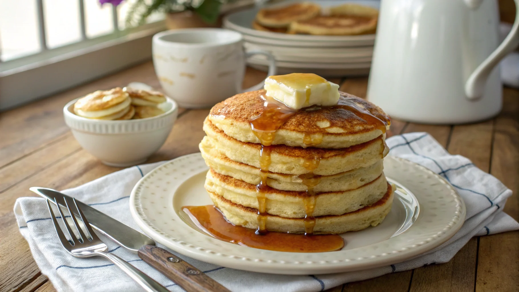 A stack of fluffy Cracker Barrel pancakes topped with butter and maple syrup on a white plate, perfect for recreating the Cracker Barrel pancake recipe at home.