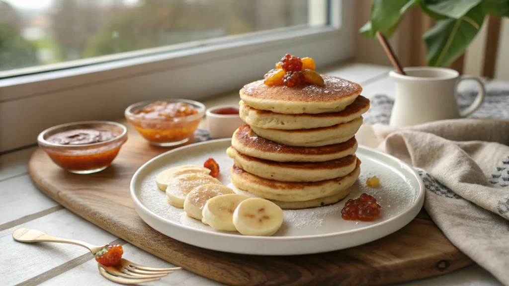 Freshly made baby pancakes stacked on a white plate with fruit puree and banana slices, perfect for babies starting solids.