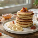 Freshly made baby pancakes stacked on a white plate with fruit puree and banana slices, perfect for babies starting solids.