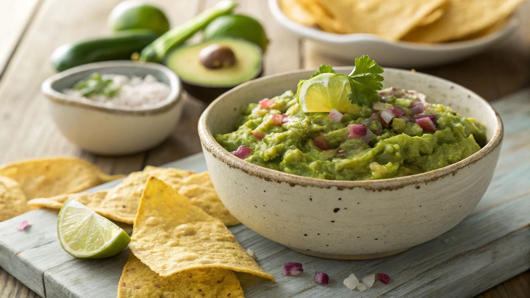 Fresh homemade 4 ingredient guacamole served with tortilla chips, featuring ripe avocados, lime, onion, and salt