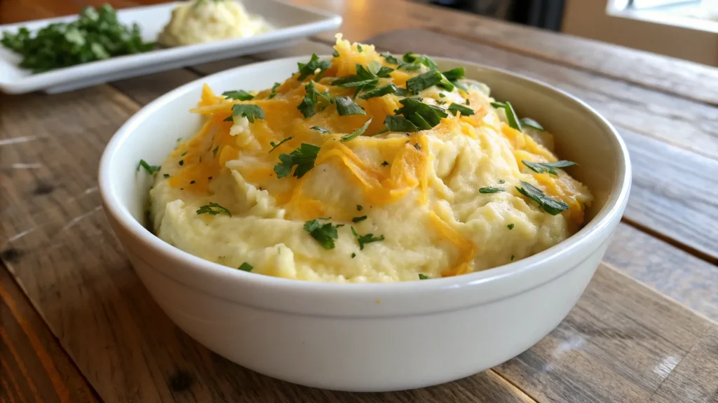 Final dish of cheesy mashed potatoes recipe with melted cheddar cheese and fresh parsley garnish, served in a white ceramic bowl