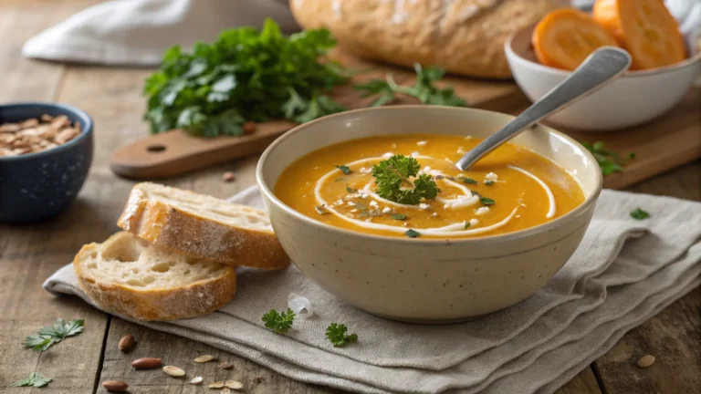 Butternut Squash Sweet Potato Soup Recipe: 6 Easy Steps for Healthy Eating 11 A steaming bowl of butternut squash sweet potato soup, garnished with parsley and coconut milk, served with gluten-free bread on a rustic table