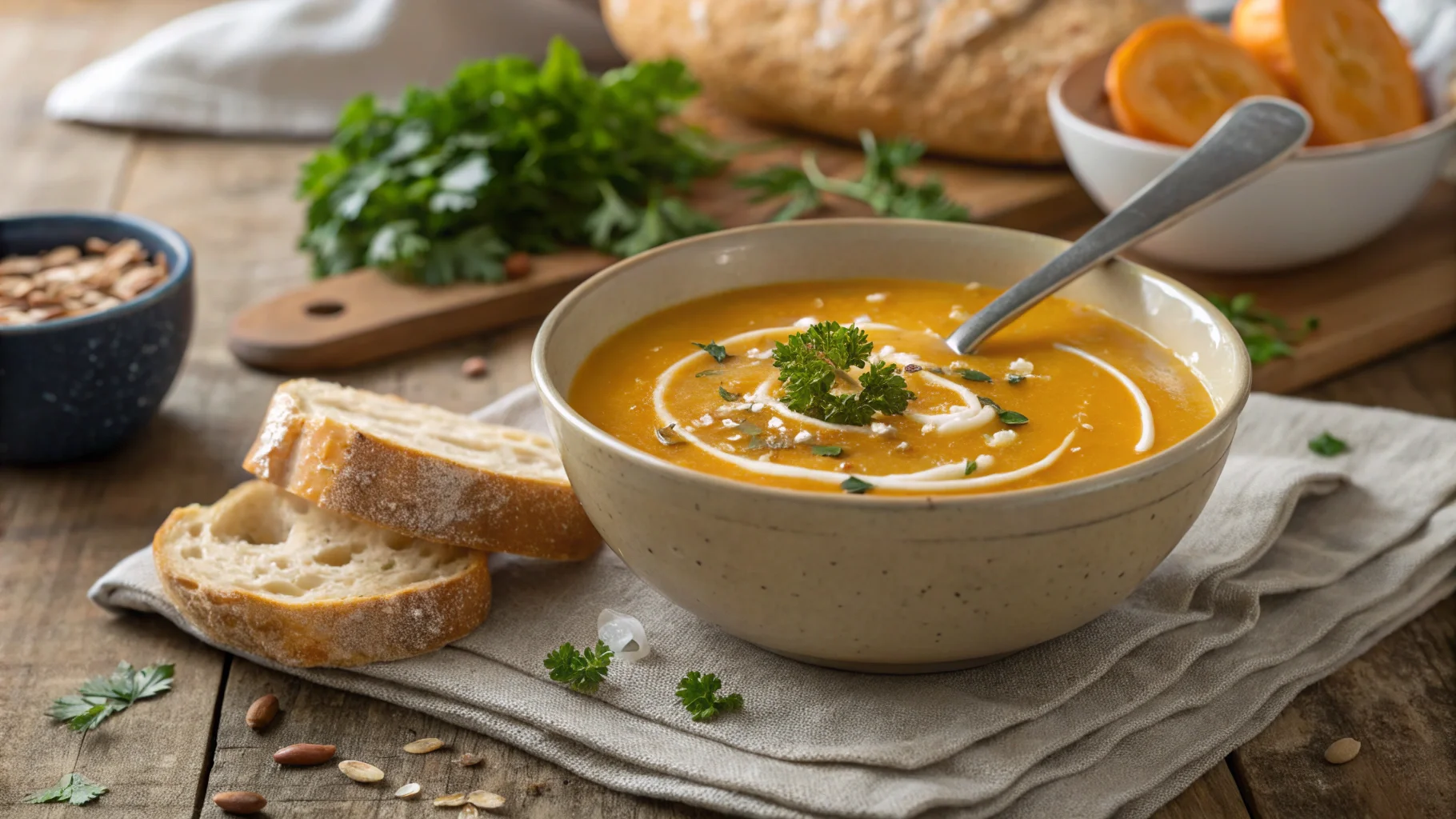 A steaming bowl of butternut squash sweet potato soup, garnished with parsley and coconut milk, served with gluten-free bread on a rustic table