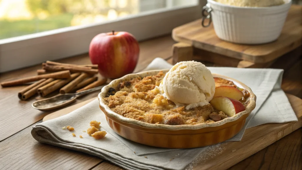 Freshly baked easy apple crisp recipe without oats, topped with golden crumbs and vanilla ice cream in a rustic ceramic dish