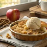 Easy Apple Crisp Recipe Without Oats – Perfect for Every Occasion 6 Freshly baked easy apple crisp recipe without oats, topped with golden crumbs and vanilla ice cream in a rustic ceramic dish
