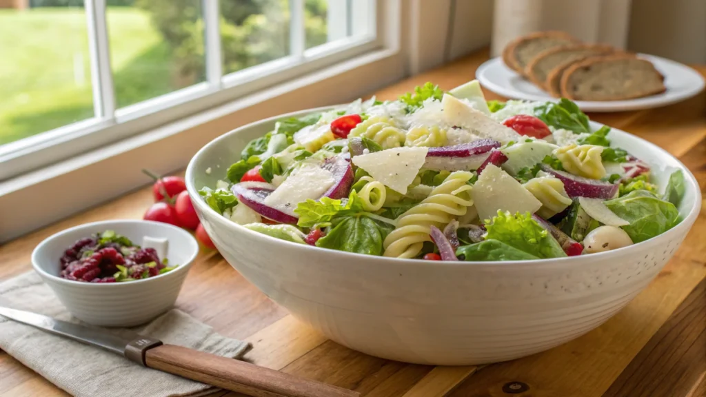 Final presentation of the Pasta House Salad Recipe in a white ceramic bowl with fresh lettuce, artichoke hearts, pimentos, red onions, and Parmesan cheese, lightly tossed in red wine vinaigrette.