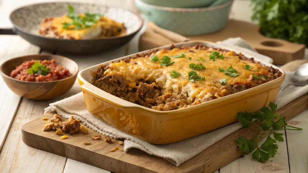 Ground turkey and rice casserole with melted cheese and parsley, a healthy and hearty meal idea