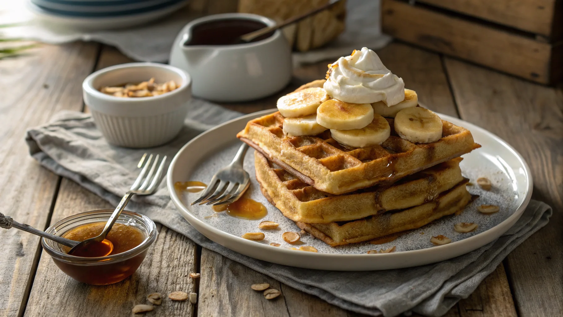 Stack of freshly made banana waffles topped with sliced bananas, maple syrup, and whipped cream on a rustic table, showcasing the final result of a delicious banana waffle recipe