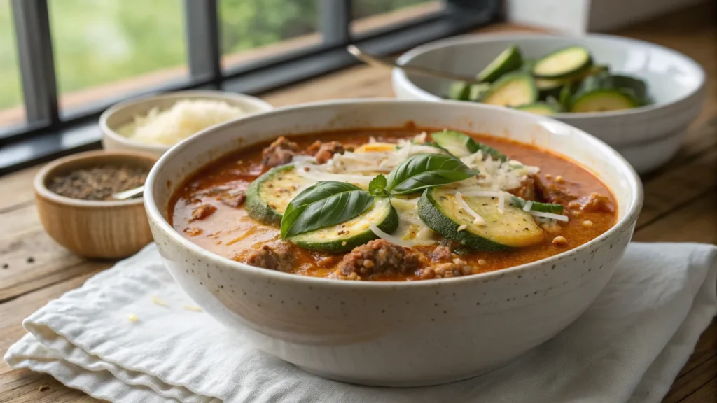 Steaming bowl of keto lasagna soup with zucchini noodles, ground meat, creamy tomato broth, and melted cheese, garnished with basil and parmesan.