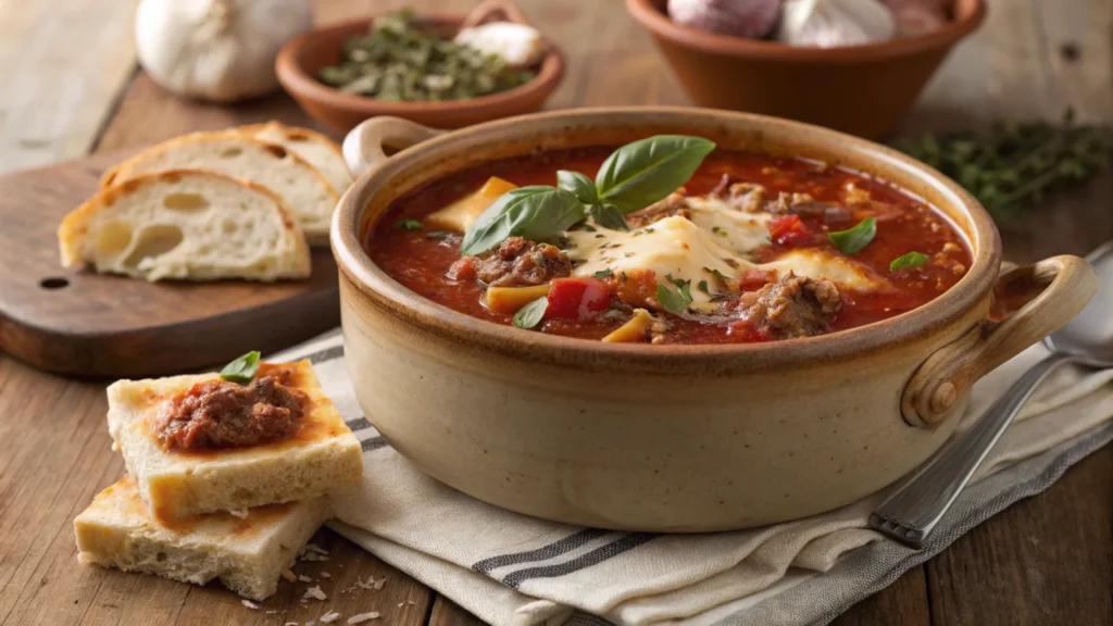 Delicious lasagna soup in crockpot served in a rustic bowl, topped with melted cheese, and garnished with fresh herbs, capturing the final outcome of the recipe