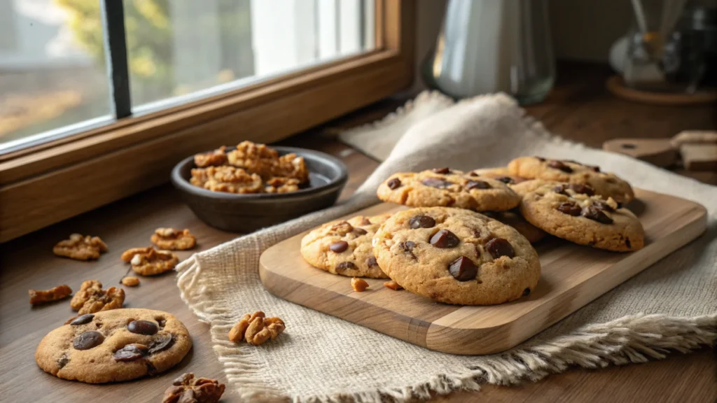 Freshly baked chocolate chip and walnut cookies with golden-brown edges, melted chocolate chips, and visible walnuts on a wooden counter