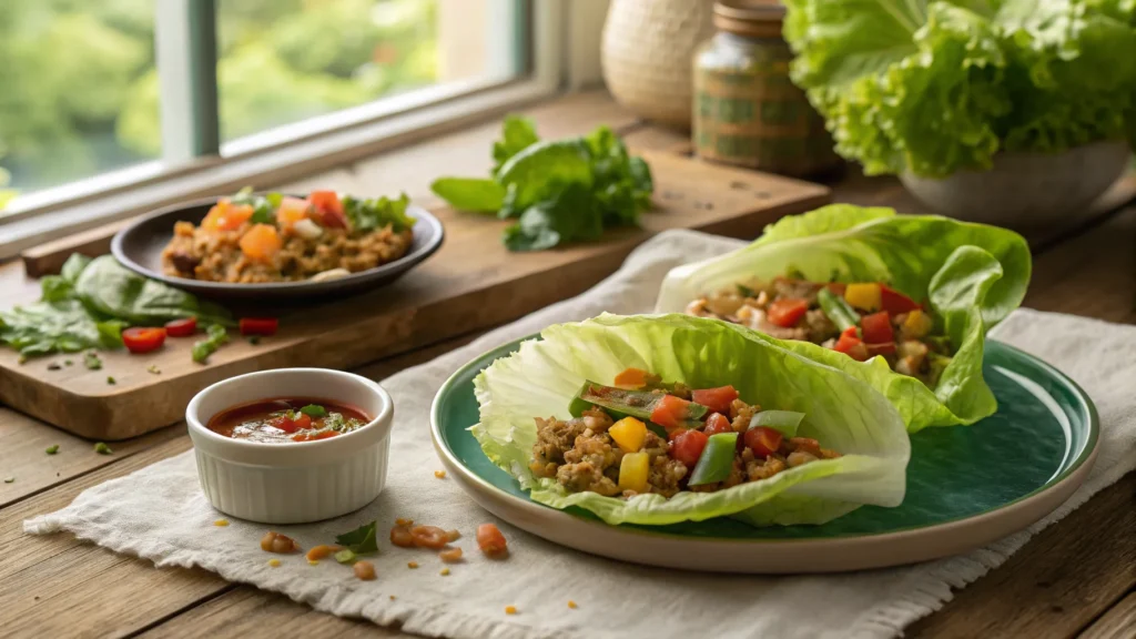 A plated dish of healthy ground chicken lettuce wraps on a rustic table, featuring fresh vegetables and dipping sauce, showcasing a nutritious recipe.