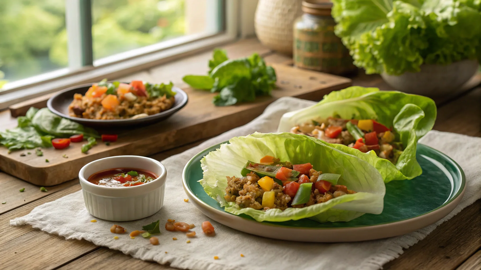 A plated dish of healthy ground chicken lettuce wraps on a rustic table, featuring fresh vegetables and dipping sauce, showcasing a nutritious recipe.