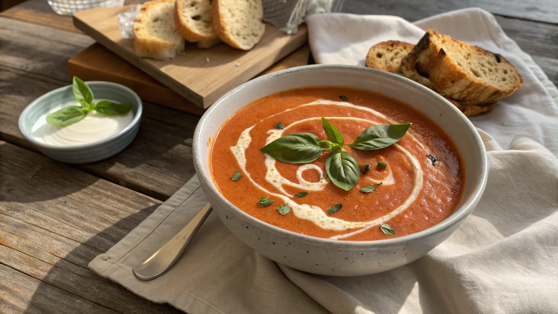 Healthy creamy soup recipe featuring a steaming bowl of creamy tomato basil soup garnished with fresh basil and a swirl of cream.