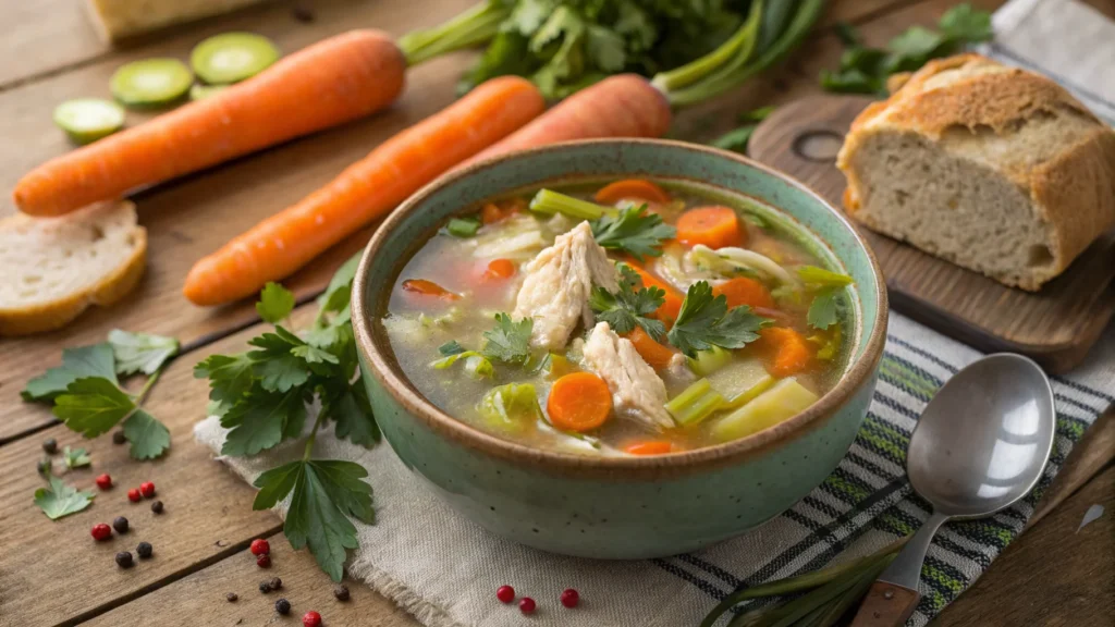 A bowl of chicken and vegetable soup showcasing tender chicken, fresh carrots, celery, and parsley, highlighting a comforting dish from healthy protein soup recipes.