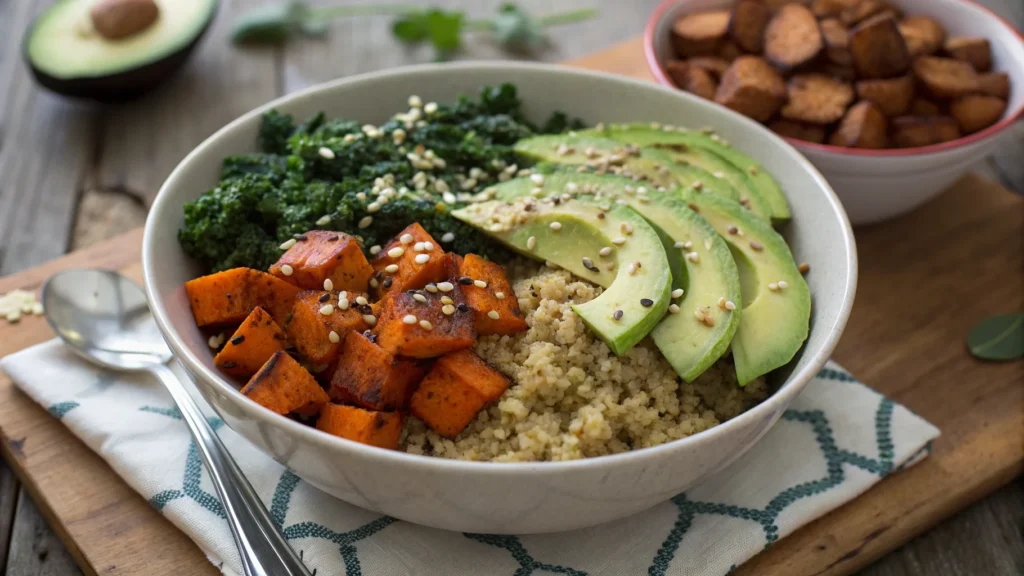 Healthy vegetarian breakfast recipes featuring a vibrant plate of avocado toast, chia pudding with strawberries, and fresh orange juice on a rustic table