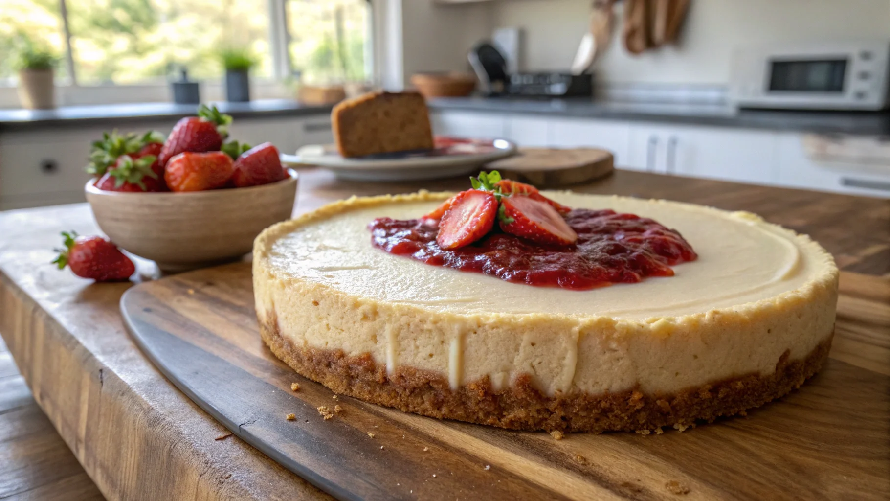 Final result of a healthy cheesecake recipe with a smooth, creamy top, almond flour crust, and fresh strawberry garnish on a rustic kitchen counter