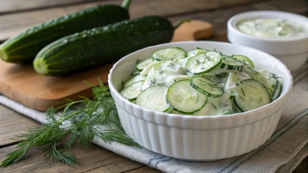 Polish cucumber salad in a white bowl with sour cream dressing and dill garnish, a traditional Polish dish