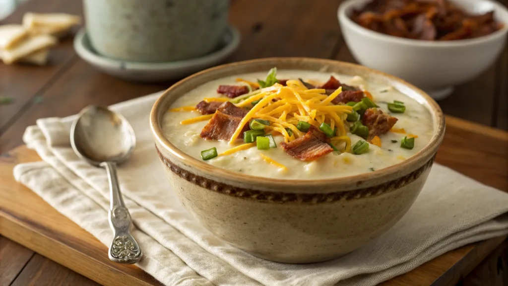 Final dish of creamy hash brown potato soup served in a rustic bowl with bacon bits, cheddar cheese, and green onions, perfect comfort food