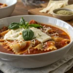 Freshly prepared vegetarian lasagna soup in a rustic white bowl with melted cheese, tender lasagna noodles, and fresh basil garnish on a wooden table