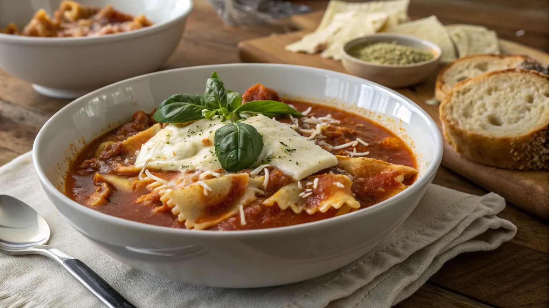 Freshly prepared vegetarian lasagna soup in a rustic white bowl with melted cheese, tender lasagna noodles, and fresh basil garnish on a wooden table