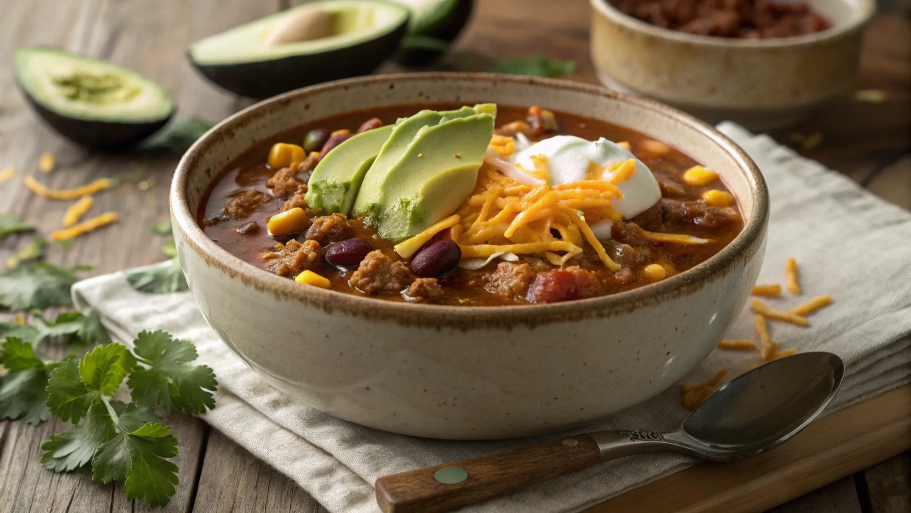 A steaming bowl of taco soup frios topped with sour cream, shredded cheese, avocado, and tortilla strips, showcasing the final dish in a rustic, appetizing presentation.