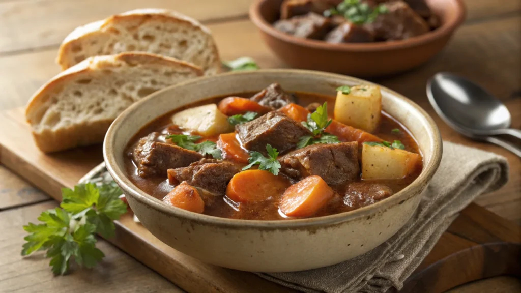 A hearty bowl of Dinty Moore Beef Stew with tender beef, potatoes, and rich gravy, served with crusty bread for a comforting meal