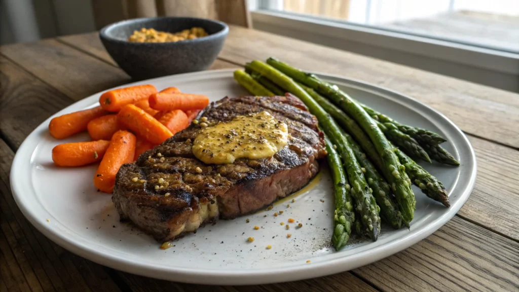 Final dish of grilled steak with cowboy butter seasoning served with roasted vegetables, highlighting its rich, buttery flavor