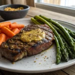 Final dish of grilled steak with cowboy butter seasoning served with roasted vegetables, highlighting its rich, buttery flavor