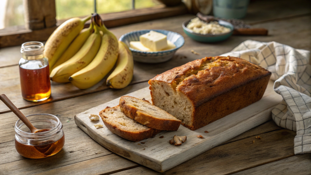 Freshly baked banana bread loaf on a rustic wooden table, showcasing the moist and fluffy texture, surrounded by ripe bananas and baking ingredients, perfect for Simply Recipes Banana Bread.