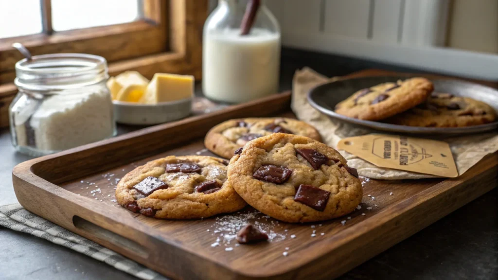 Freshly baked chocolate chunk desserts featuring gooey chocolate chunks and crispy golden edges on a rustic tray