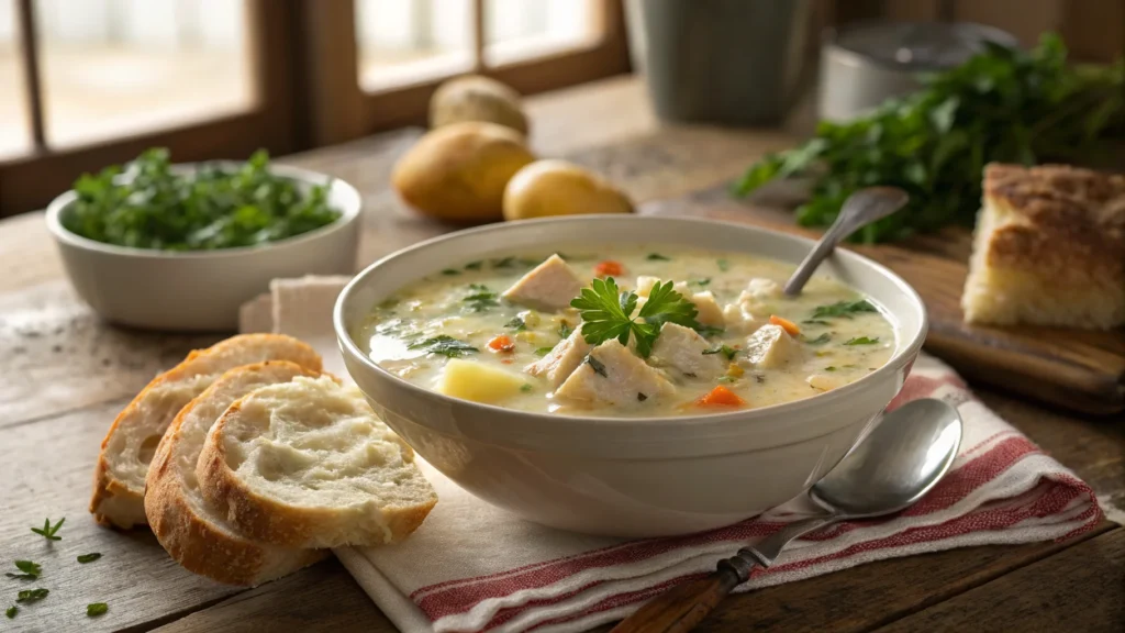 A delicious bowl of creamy chicken and potato soup, garnished with parsley and served with crusty bread, perfect for a hearty dinner