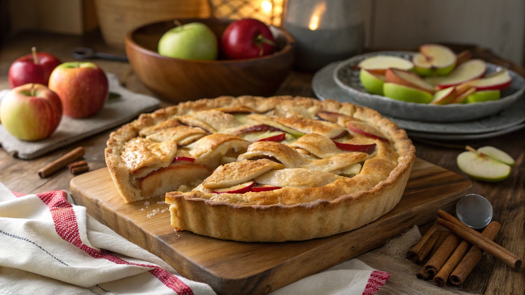 Golden French recipe apple rustic pie with flaky crust and thinly sliced apples, a perfect example of rustic French baking