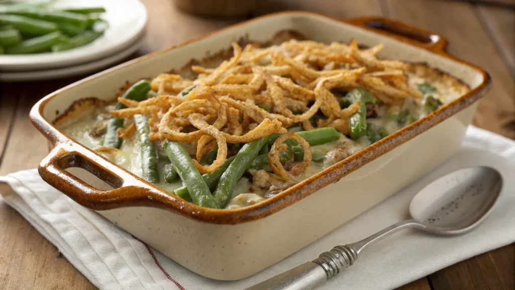 Freshly baked Campbell Soup green bean casserole topped with crispy fried onions, served in a ceramic baking dish on a rustic wooden table.