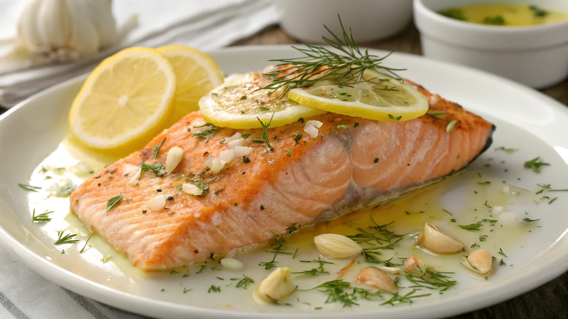 Lemon garlic butter salmon baked to perfection, served on a white plate with fresh parsley and lemon slices, showcasing a moist and flavorful recipe.