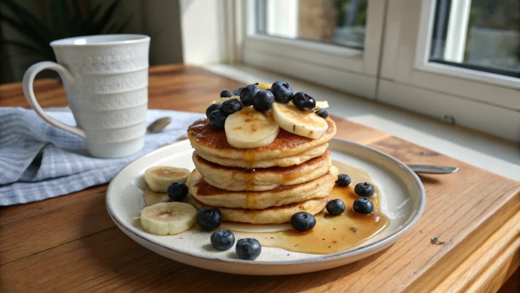 A stack of soft and fluffy baby pancakes topped with fresh blueberries and banana slices, drizzled with natural maple syrup, served on a white plate in a cozy home kitchen