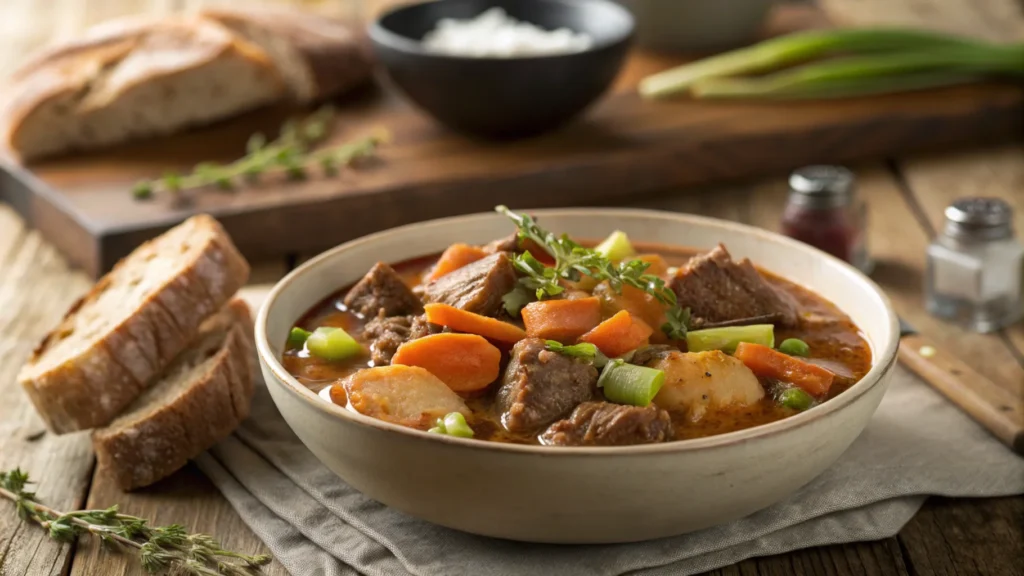 A bowl of beef stew made with a homemade beef stew seasoning recipe, featuring tender beef, vegetables, and a rich, flavorful broth.