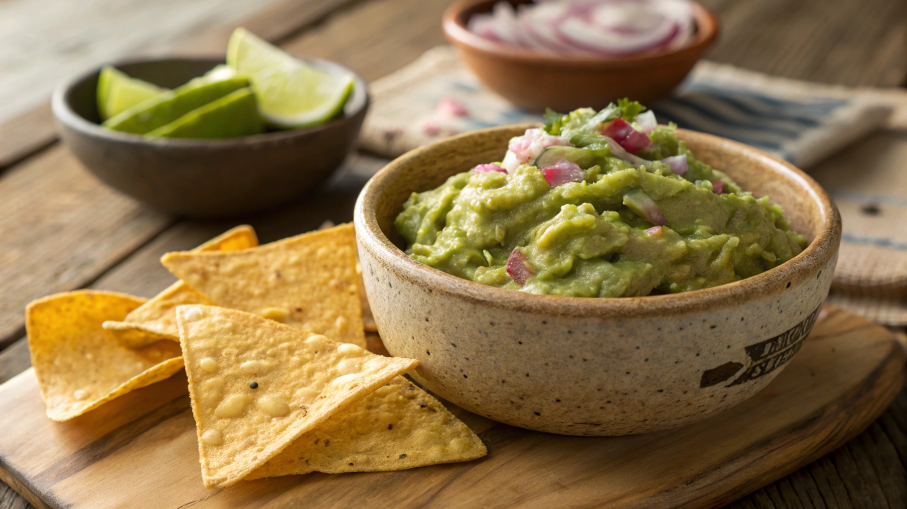 Freshly prepared 4-ingredient guacamole recipe served in a ceramic bowl with tortilla chips, showcasing its creamy texture and vibrant green color