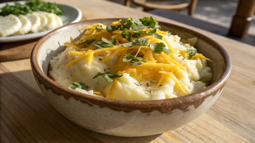 A bowl of cheesy mashed potatoes topped with melted cheddar, Parmesan, and fresh parsley, highlighting a creamy texture and rich flavor.