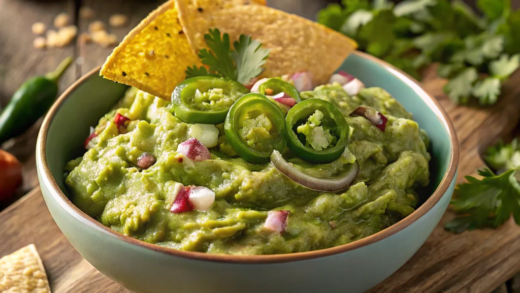 Authentic spicy guacamole recipe served in a bowl with tortilla chips, garnished with fresh cilantro and jalapeños, showcasing a vibrant Mexican dip