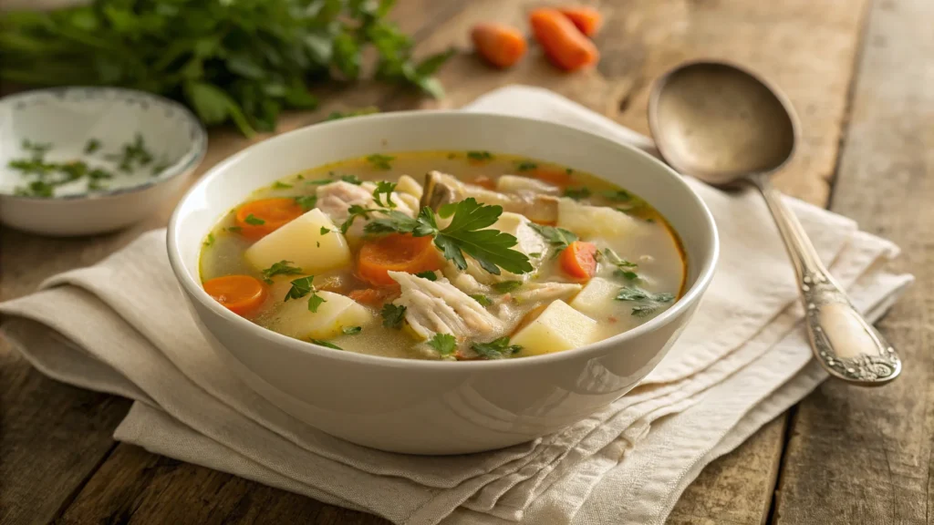 A bowl of rich and creamy chicken and potato soup garnished with fresh parsley, showcasing the final dish in a rustic setting, perfect for a comforting meal.