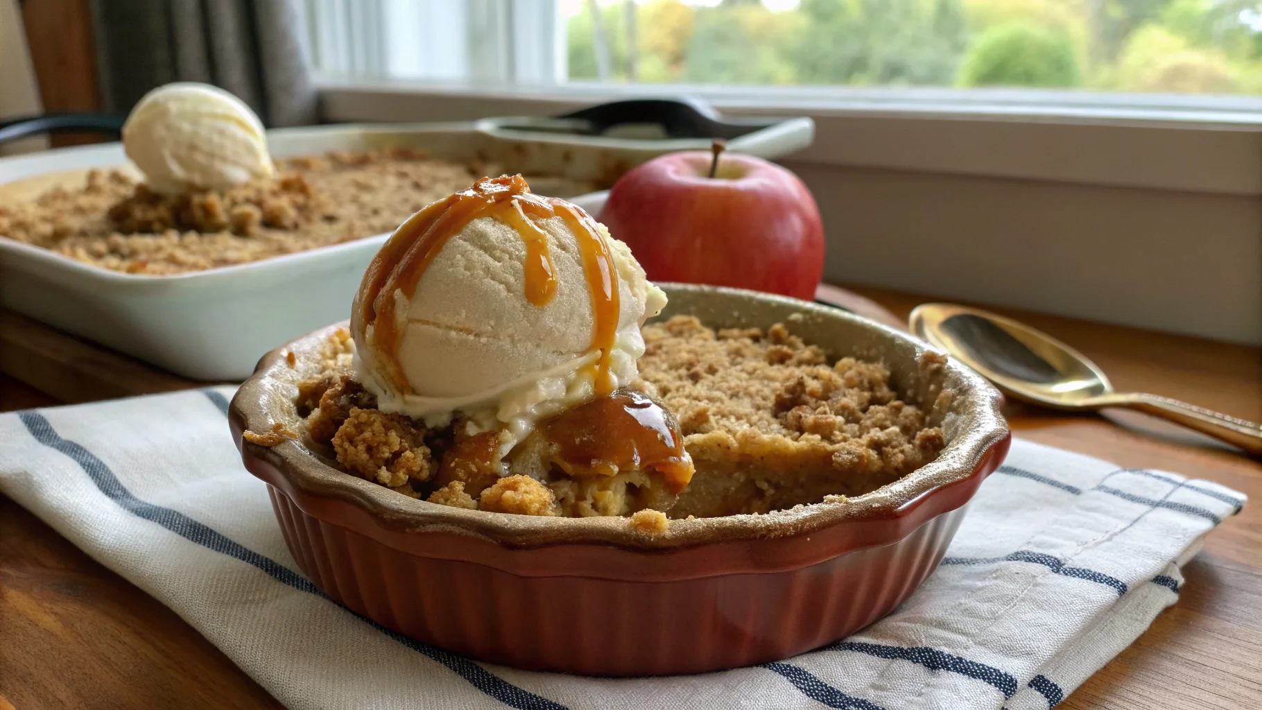 A freshly baked old-fashioned apple crisp with a golden oat topping, served in a rustic ceramic dish, topped with melting vanilla ice cream and caramel drizzle