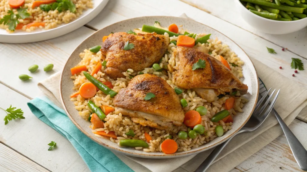 A delicious one-pot chicken and rice dish served on a rustic plate, featuring crispy chicken thighs, fluffy rice, and vibrant vegetables. Perfect for easy gluten-free dinner recipes for family.