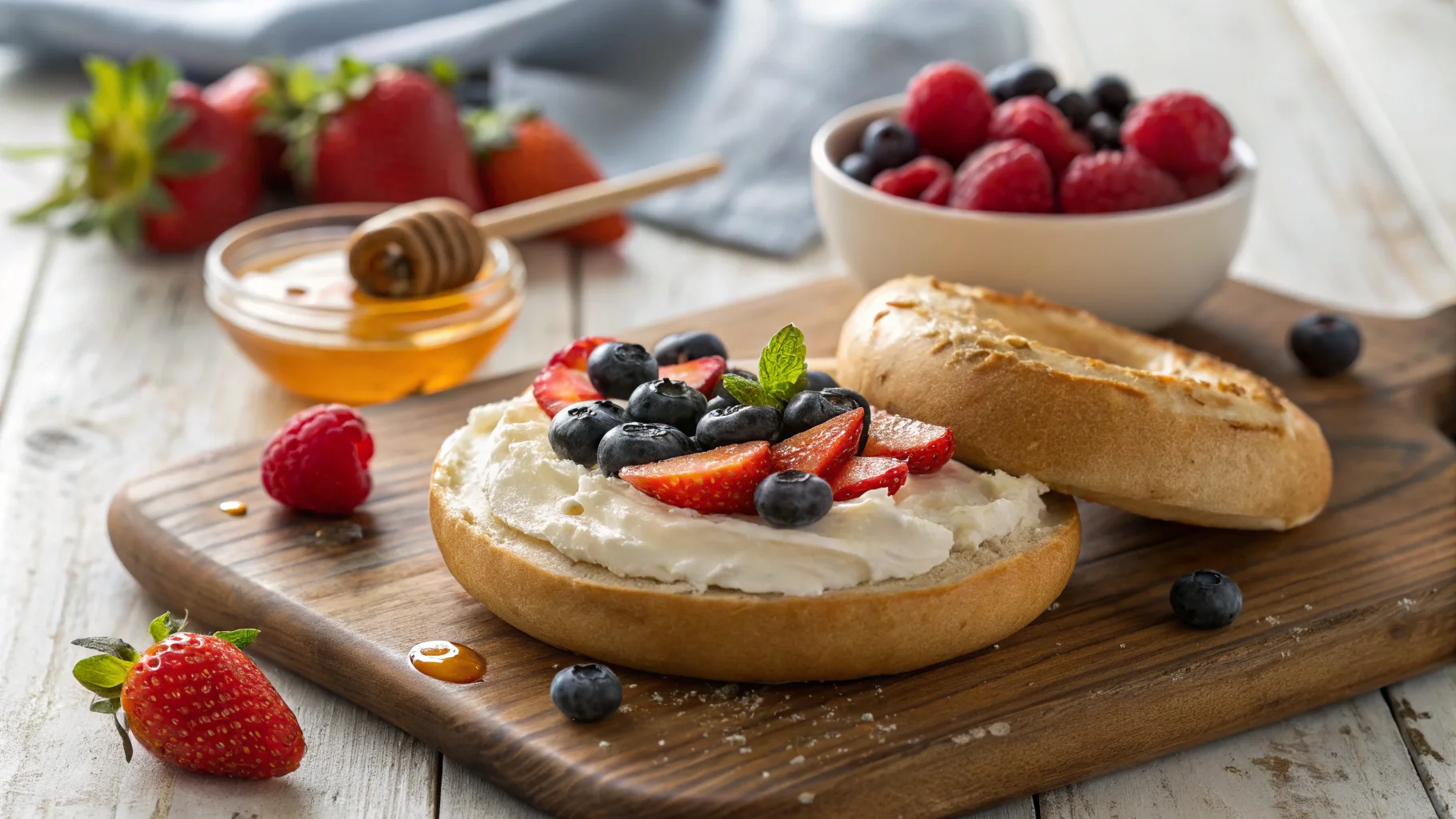 Freshly toasted bagel with sweet cream cheese spread, topped with mixed berries and honey, perfect for breakfast or snacks.