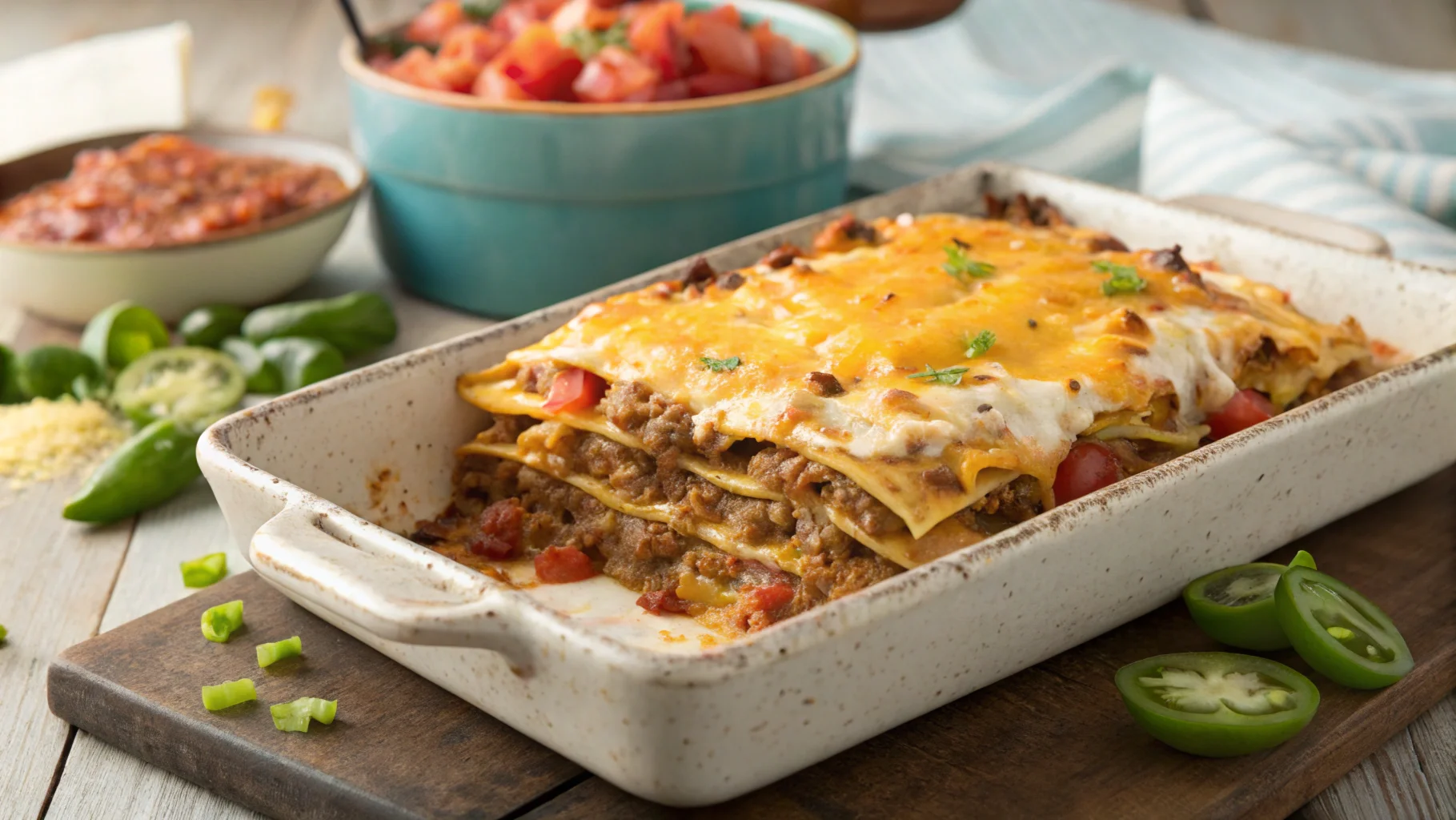 Easy baked taco lasagna with golden melted cheese, layered with tortillas, ground beef, and salsa, served fresh from the oven