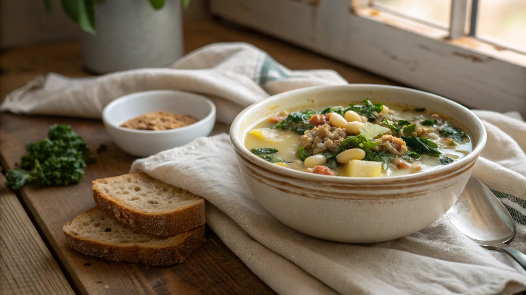 Healthy Zuppa Toscana soup served in a rustic bowl with kale, potatoes, and cannellini beans, showcasing a nutritious and flavorful recipe.