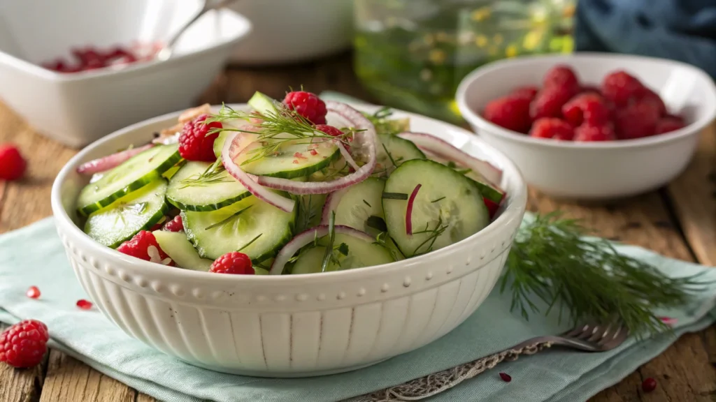 Freshly made Logan Cucumber Salad featuring sliced cucumbers, red onions, dill, and loganberries in a white bowl, perfect for a healthy summer dish